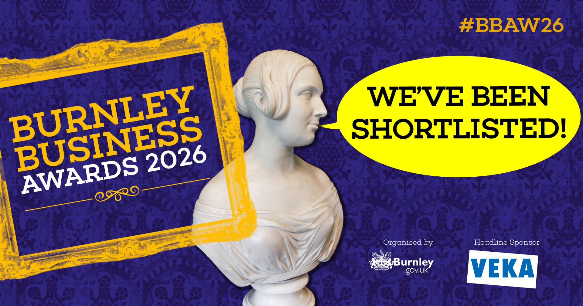Burnley Business Awards 2026 shortlisted graphic featuring a classical bust and yellow picture frame on a purple background