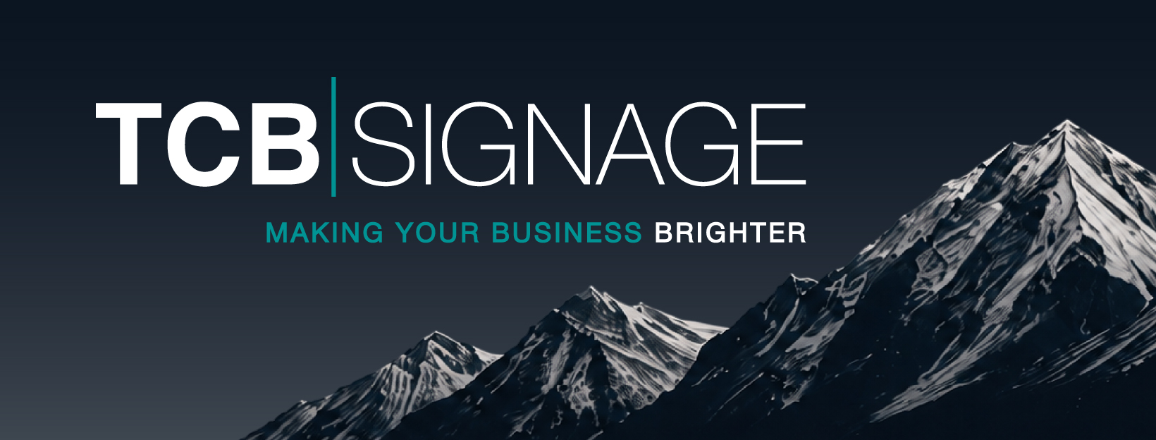 TCB Signage brand cover image with mountain range and 'Making your business brighter' tagline